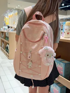 Rosa karierter Schulrucksack mit großer Kapazität, niedlicher Schleife und modischem Design.