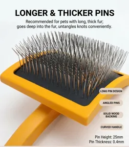 Pet slicker brush detail showing long angled metal pins and ergonomic solid wood handle.