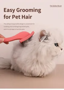 Pink pet slicker brush with oblique long pins for easy and gentle cat hair grooming detail.