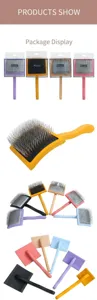 Detailed view of wooden handle pet slicker brush for grooming dogs and cats with fine metal pins.