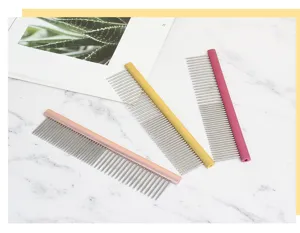 Stainless steel pet comb for cats and dogs, colorful grooming and detangling tool with sturdy metal teeth.