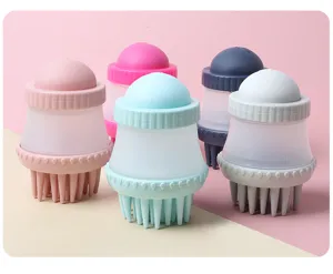Silicone pet bath brush with liquid dispenser and soft massage bristles for dogs and cats detail.
