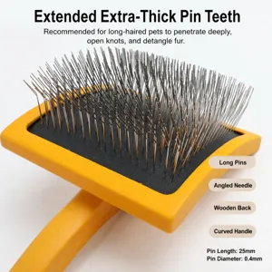 Wooden pet slicker brush with long angled metal pins for grooming dogs and cats. Perfect care tool.