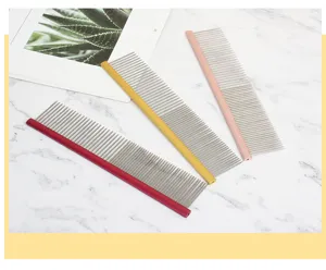 Stainless steel pet grooming comb detail, colorful metal dematting comb for cats and dogs