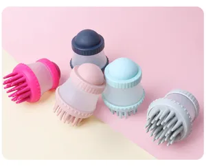 Pet silicone shampoo bath brush, soft massage grooming tool with liquid soap dispenser for dogs cats.