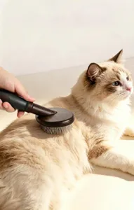 Primer plano del cepillo para mascotas con mango de madera eliminando pelo de gato suavemente.