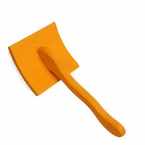 Wooden pet slicker brush with curved handle and metal pins for dog and cat grooming care.