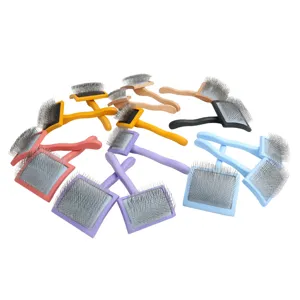 Professional pet slicker brush with wooden handle for dog grooming, multi-color pet comb set.