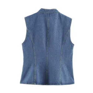 Women casual blue denim vest, classic sleeveless slim fit outerwear for stylish daily wear.
