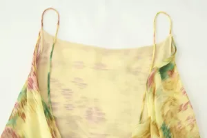 Close-up detail of women's floral printed strap dress showing neckline and delicate straps.
