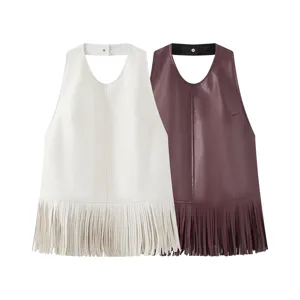 Women Elegant Celebrity Halter Neck Tassel Vest Trendy Solid Color Sleeveless Pullover Regular Fit Polyester Top For Party