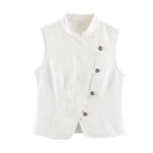 White denim vest detail, Chinese frog button closure, stand collar, casual sleeveless top.