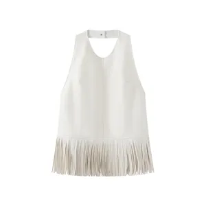 Stylish white leather fringe halter top for women, trendy sleeveless festival party vest.