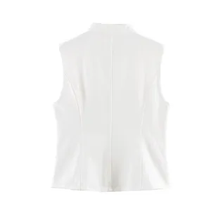 White sleeveless top back detail, casual stylish summer vest for women, solid color.
