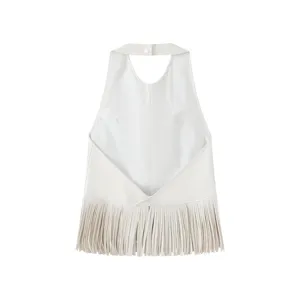 Detailed view of fashionable white halter fringe leather vest top for women trend style.