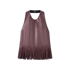 Close-up detail of the stylish mauve faux leather fringe halter top back and hem design.