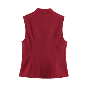 Back detail of women red sleeveless denim vest, casual stand collar, slim fit cut top.