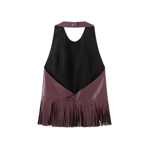 Stylish women's halter fringe vest, chic sleeveless backless leather-like top for daily wear.
