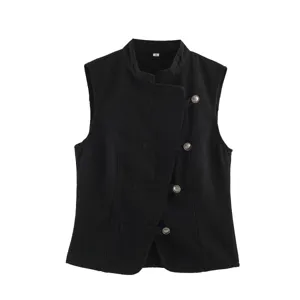 Detailed view of the black denim vest featuring Mandarin collar, knot buttons and sleeveless cut.