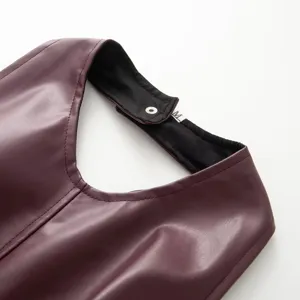 Women's Faux Leather Vest Detail Shot Burgundy PU Crop Top Collar Snap Button Size M