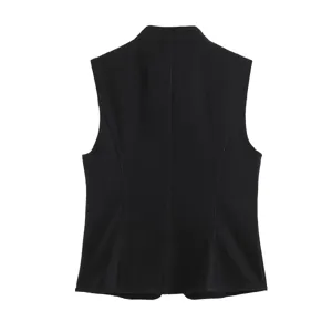 Women solid black sleeveless vest waistcoat slim fit casual top back view essential piece