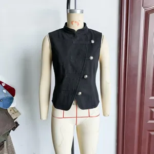 Stylish women's black denim vest sleeveless top with Chinese knot metal buttons detail