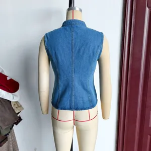 Women denim vest casual sleeveless slim fit top blue wash vintage style back seam design