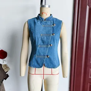 Women denim vest stylish mandarin collar sleeveless top with metal knot buttons for casual wear.