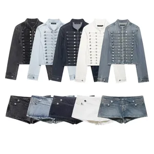 Veste en Denim Lavé Style Militaire et Short pour Femmes Ensemble Top and Bottom Mode de Rue Européenne Coupe Slim