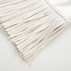 White fringe detail close-up, stylish fashion clothing accent texture, elegant modern apparel part.