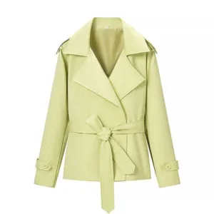 Mujer corta gabardina verde claro con cinturón elegante solapa chaqueta de otoño ropa