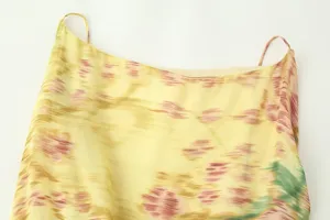 Yellow floral print slip dress detail, casual stylish women's summer camisole spaghetti strap.