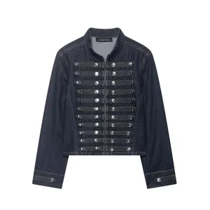 Veste courte en jean bleu foncé pour femme style militaire boutons en métal col mao
