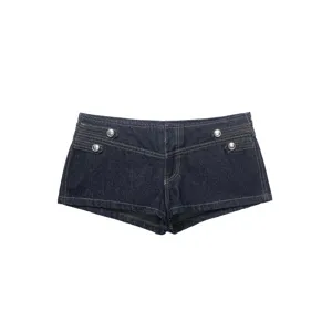 Shorts en jean bleu foncé taille basse pour femmes avec boutons métalliques et coutures