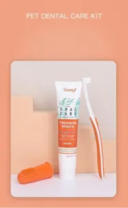 Pet dental care kit detail featuring toothbrush, toothpaste and finger brush for clean teeth.