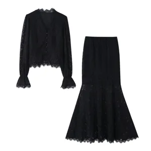 Black lace two-piece set featuring a v-neck long sleeve top and high waist mermaid skirt.