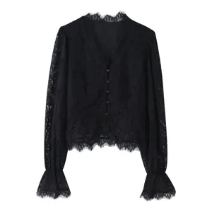 Black lace long sleeve V-neck blouse with elegant buttons for women, chic fashion top.