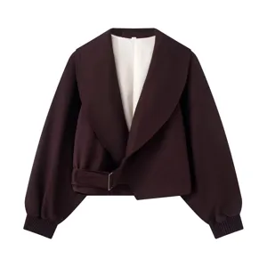 Dark brown cropped jacket featuring a wide lapel, long sleeves, and a stylish side belt detail.