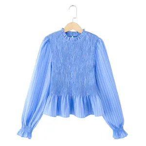 Langarm Stehkragen gestreifte Damen Bluse Freizeit Mode Detailansicht blaues Hemd Top