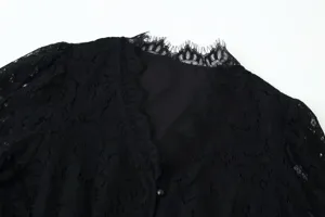Black lace blouse collar detail, vintage v-neck top trim closeup, elegant apparel accent.