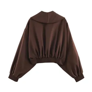 Women's brown lapel long sleeve casual short jacket back view detail showcasing the design.