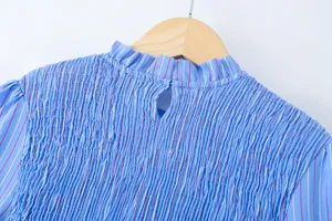 Rückseitiges Detail einer hellblauen gestreiften Langarmbluse mit Stehkragen und Smokdetails.