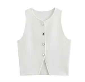 Wit gebreid mouwloos knop vest top, casual ronde hals basic zomer dagelijks dragen.