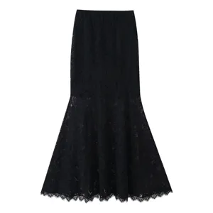 Close-up detail of black lace fabric and elegant mermaid hem on skirt, exquisite texture.