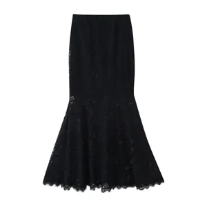 Elegant black lace high waist mermaid skirt, featuring a delicate floral textured design now.