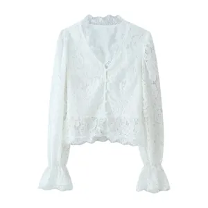 Elegant white lace long sleeve blouse for women, vintage V-neck button down floral lace top.