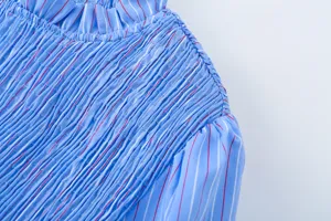 Detailansicht der blau gestreiften Langarmbluse mit stilvollen Raffungen und Stehkragen.