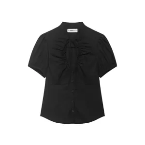 Camicetta nera a maniche corte in popeline con fiocco frontale e scollo, top elegante