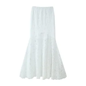 White lace fishtail skirt detail view, high waist elegant slim fit design for women.