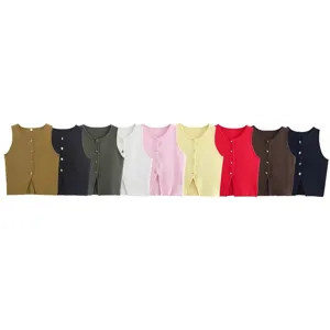 Effen kleur ronde hals casual losse gebreide mouwloze knop vest top voor vrouwen